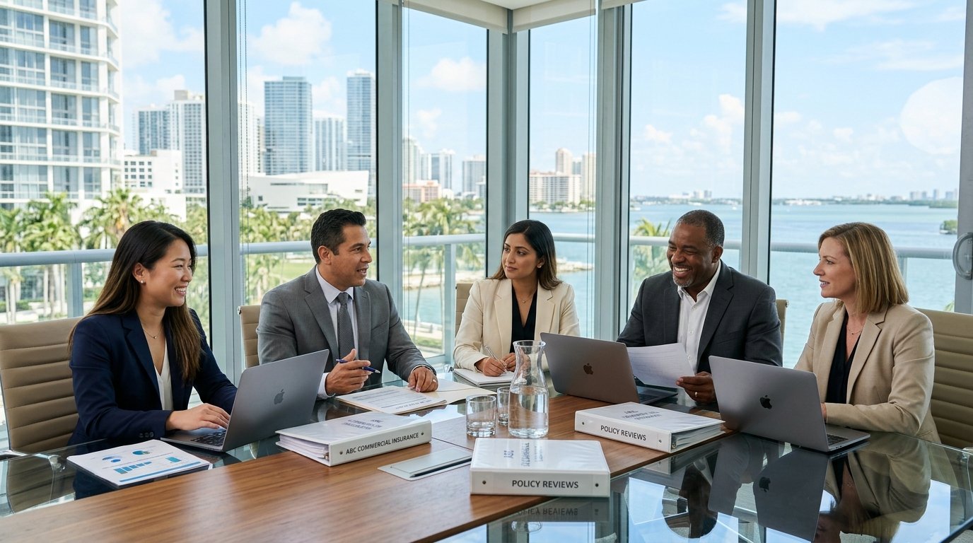 Assertive Insurance executive advisory team collaborating in modern South Florida conference room