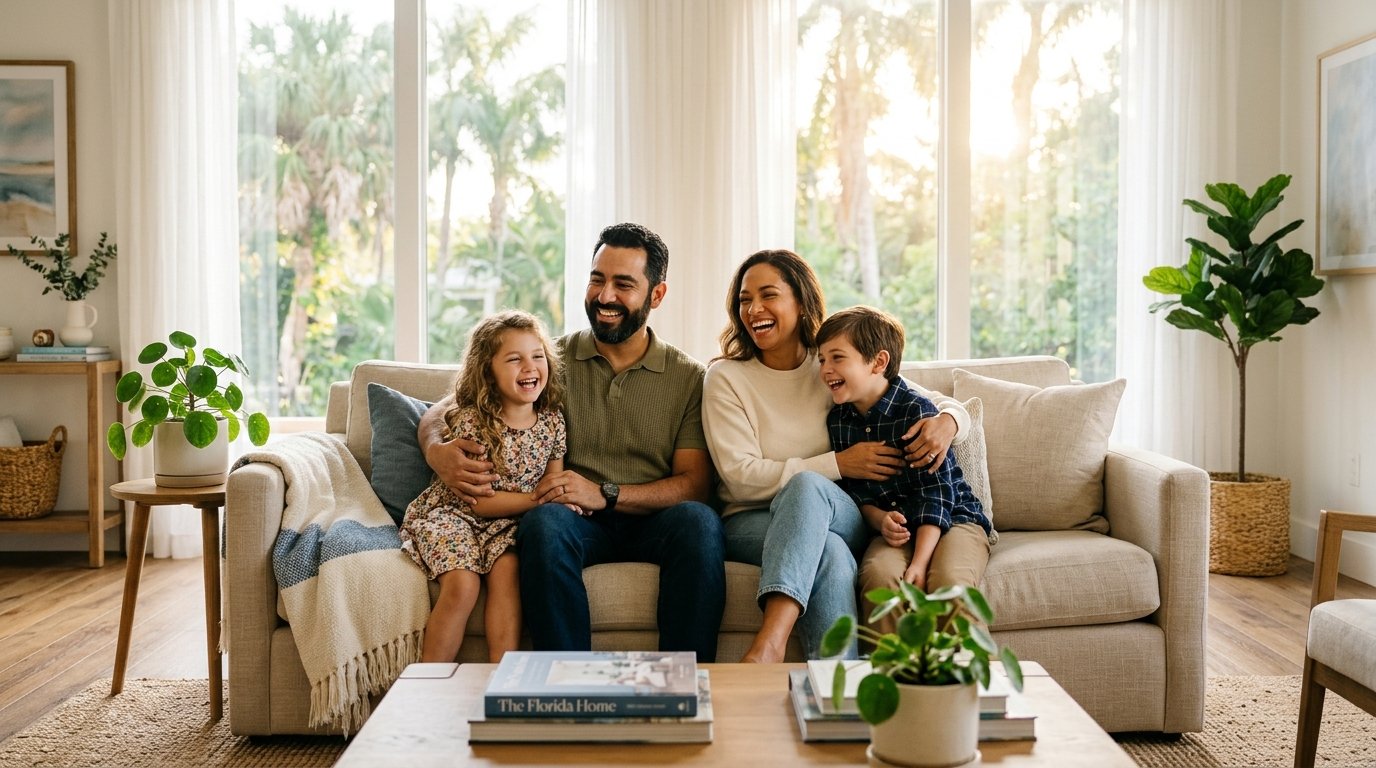 American family at home protected by family health insurance